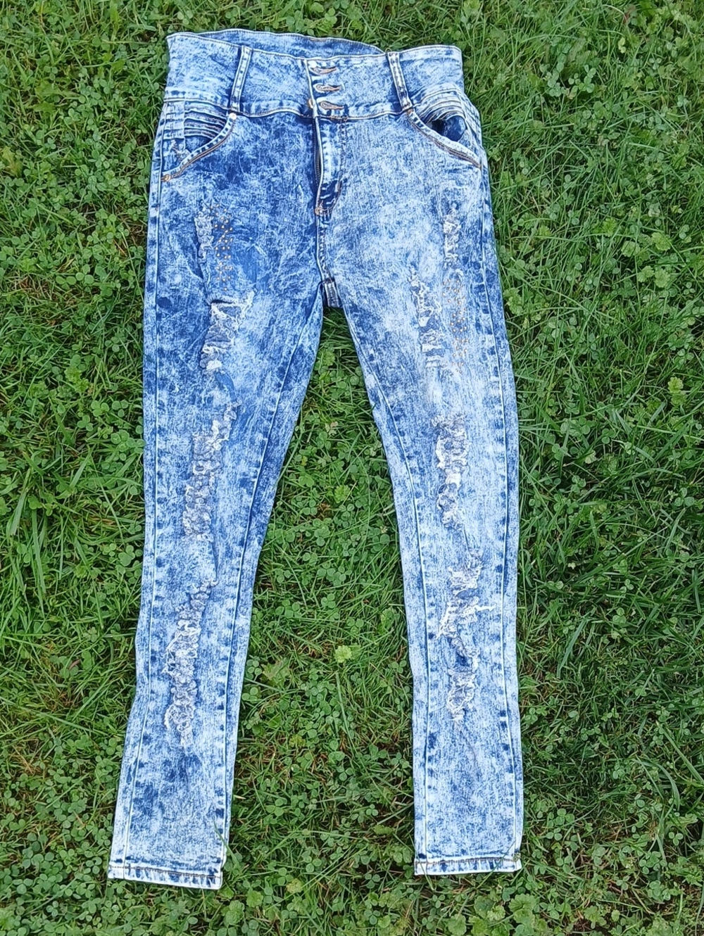 GUC Benava Acid Wash Distressed Embellished Stretchy Skinny Jeans Size 15